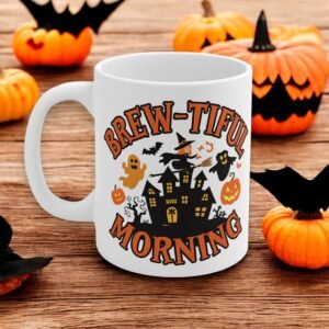 Halloween Decor Mug - Spooky Haunted House Design - Fall Coffee Cup for Halloween Party - Brew-tiful Morning mug